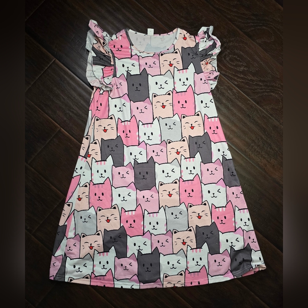 Shein Girls Flutter Sleeve Cat Print Casual Dress 11-12Y